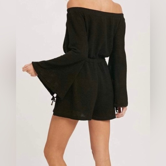 Blue ivy Long sleeve black 2 layer off the shoulder waffle romper - Picture 4 of 11